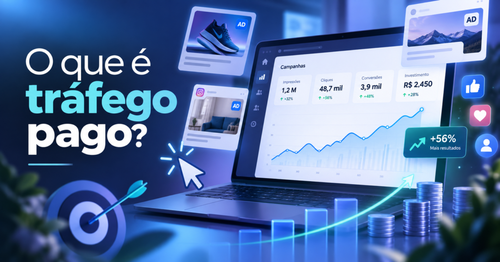 Ilustração sobre tráfego pago com painel de anúncios digitais, gráficos de crescimento, cliques e métricas de campanhas.